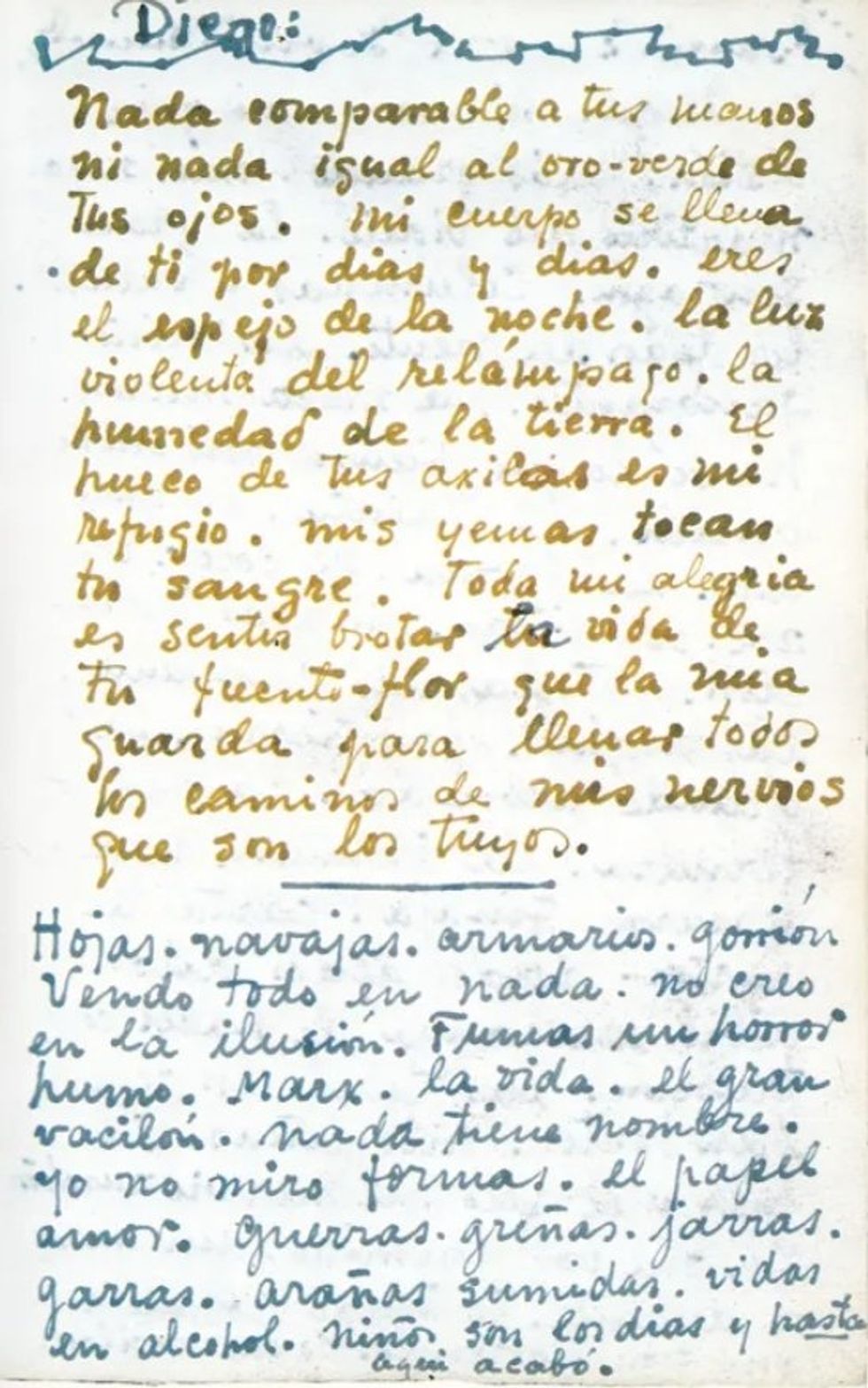 Detail of Frida Kahlo's love letter to Diego Rivera