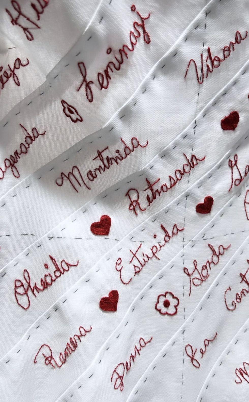 Detail of the white on red embroidery from the Dior Cruise 2024​ collection