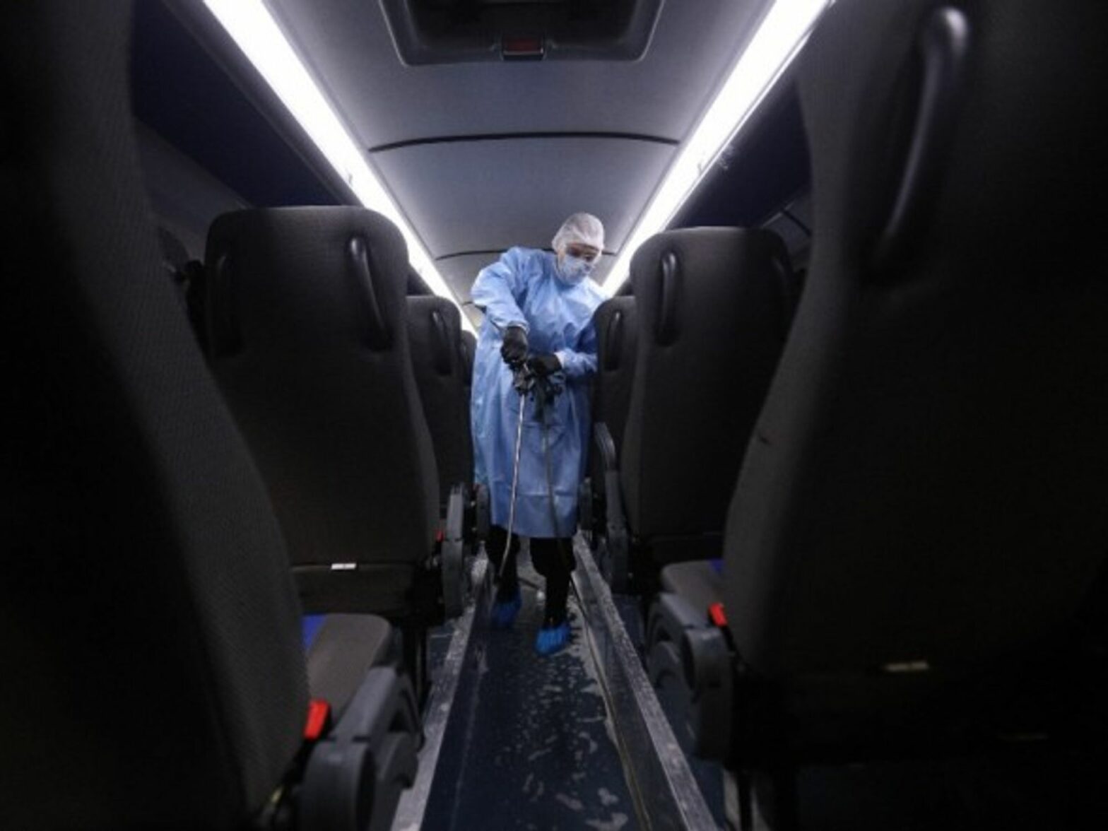 Disinfecting a bus in St. Petersburg, Russia