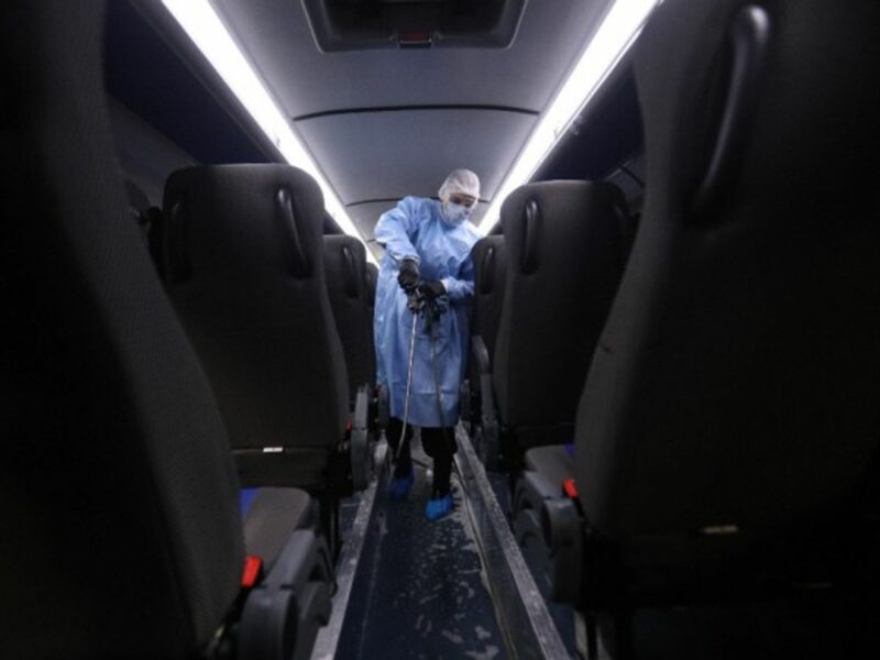 Disinfecting a bus in St. Petersburg, Russia