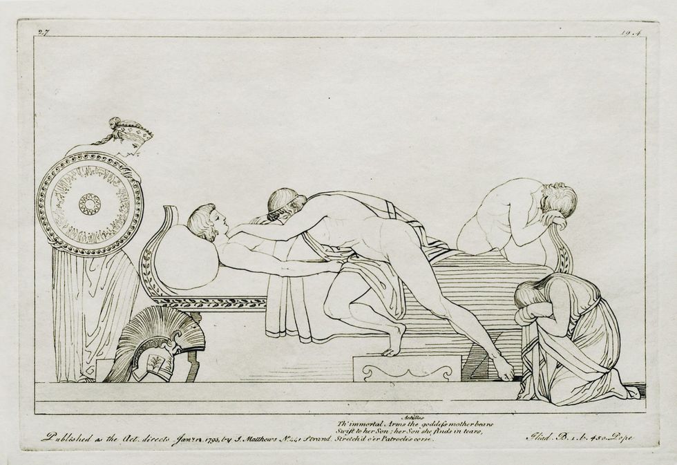drawing of a man mourning a dead man