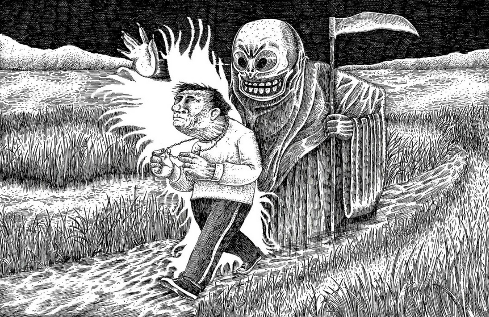 Drawing of death walking behind a man in a field.