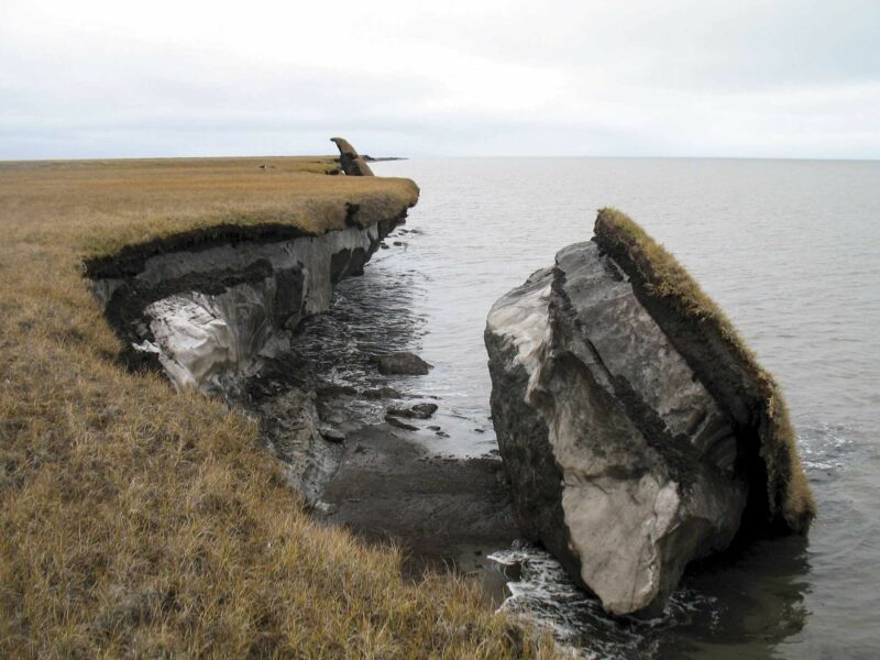 ​A collapsed block of ice-rich permafrost along Drew Point, Alaska.