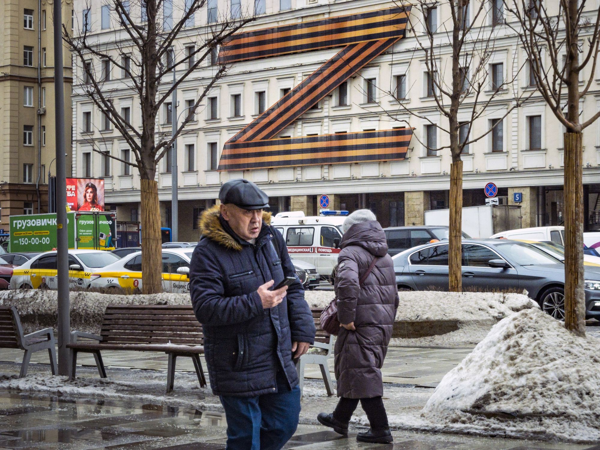 ​A huge 'Z' symbol hangs on the Tabakova theater in Moscow. The 'Z' began to be used by the Russian government as a pro-war propaganda motif, and has been appropriated by pro-Putin civilians as a symbol of support for Russia's invasion of Ukraine.
