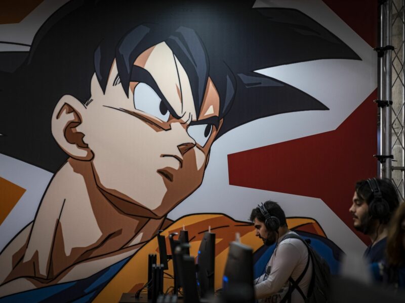 ​A portrait of Dragon Ball's Son Goku at a gaming festival in Barcelona.