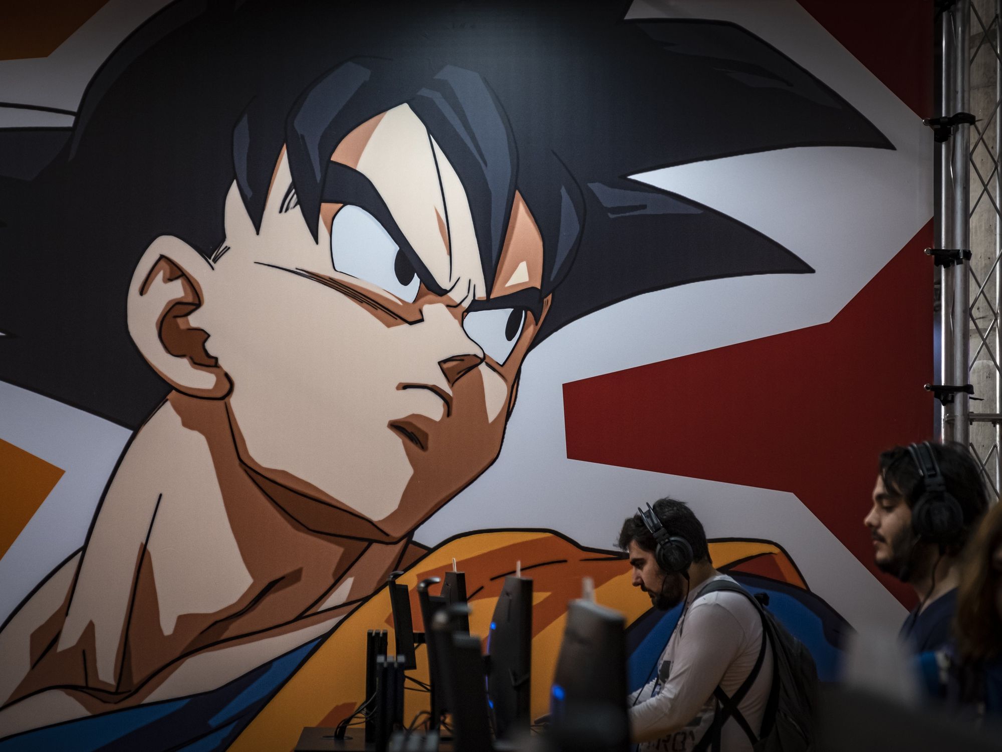​A portrait of Dragon Ball's Son Goku at a gaming festival in Barcelona.
