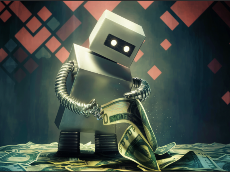 ​AI-generated image of a robot playing with money