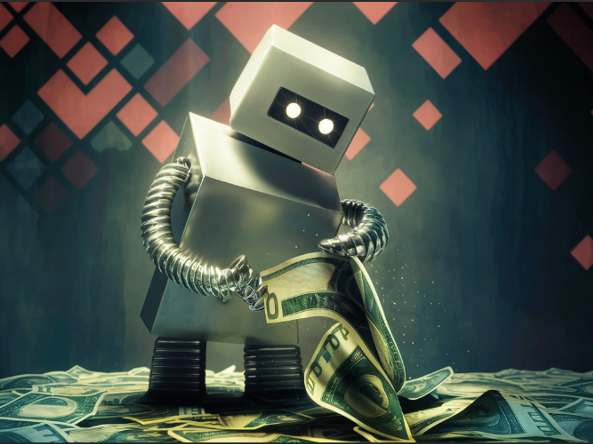 ​AI-generated image of a robot playing with money