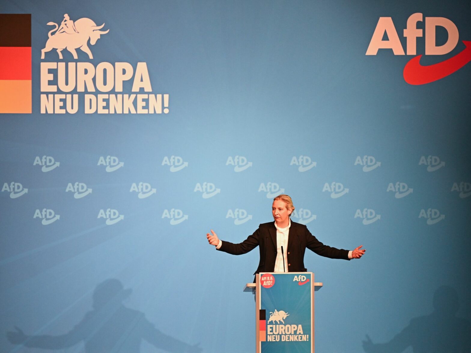 ​Alice Weidel, AfD national spokesperson, speaks in the Donauhalle; 27 April 2024, Baden-Württemberg, Germany.