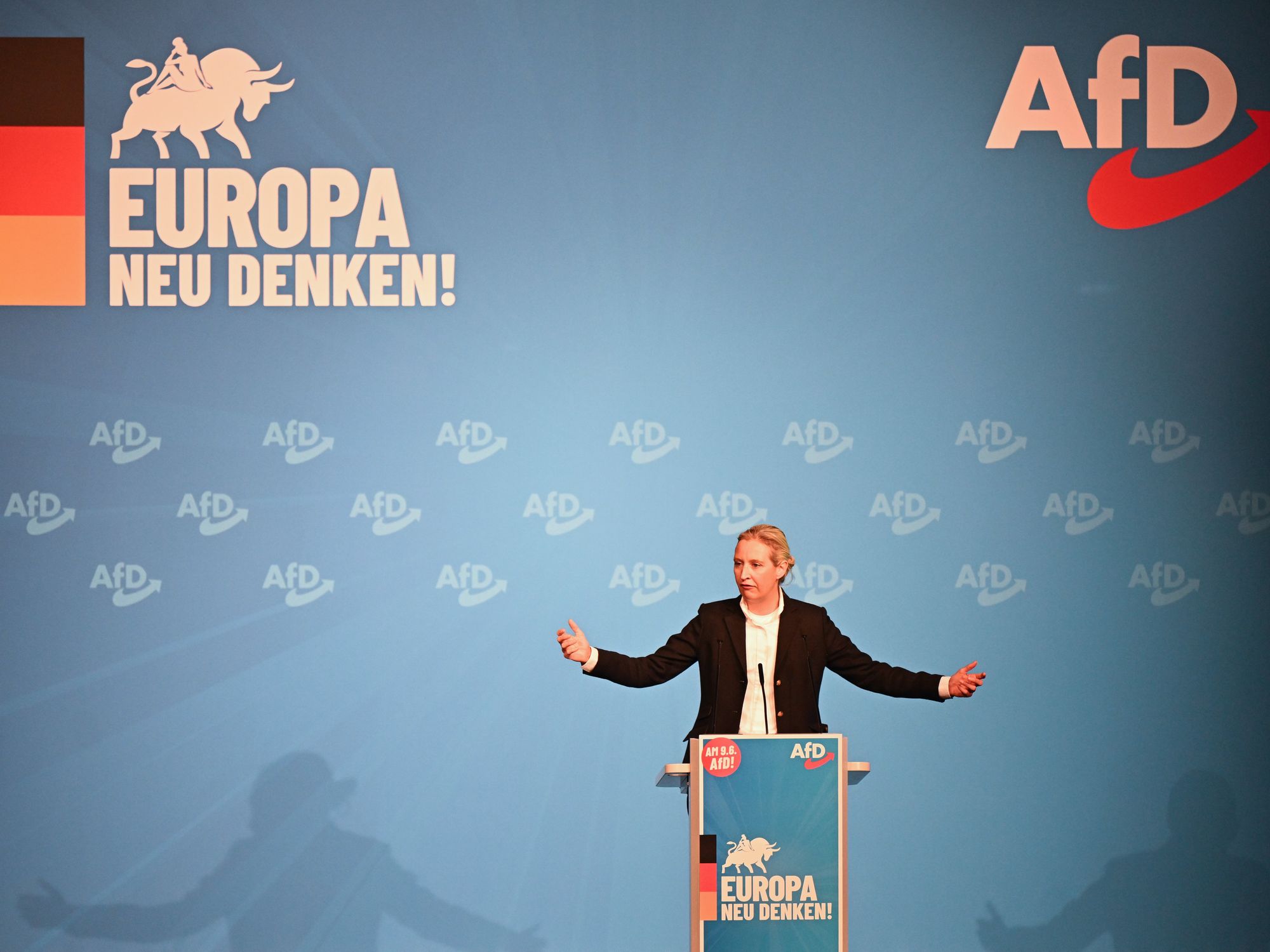 ​Alice Weidel, AfD national spokesperson, speaks in the Donauhalle; 27 April 2024, Baden-Württemberg, Germany.