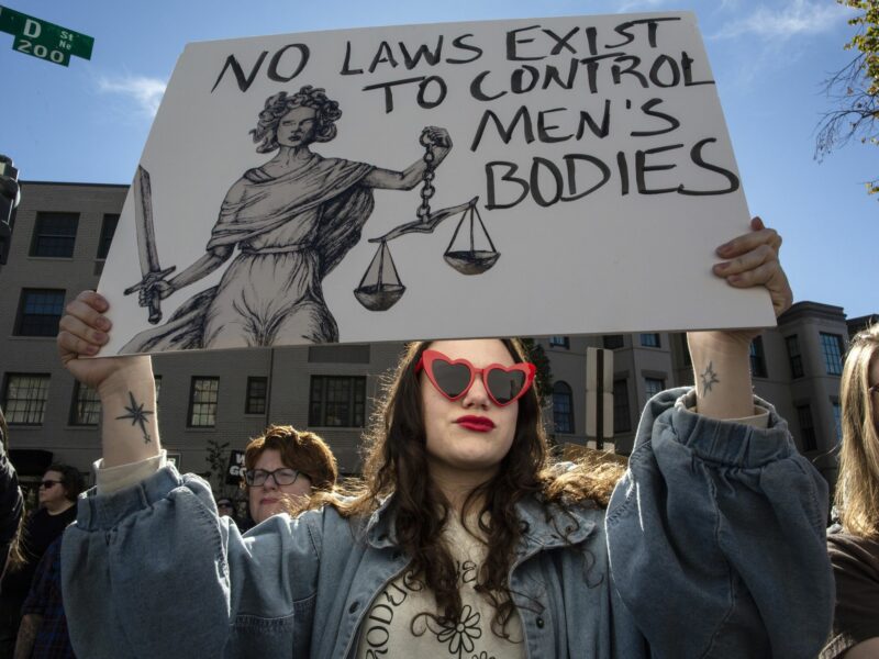 ​An abortion rights activist holding a protest sign at the Women's March in Washington DC in Nov. 2024.