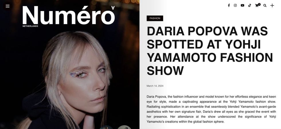 ​Andrey Akimov's wife Daria Popova pictured in Numéro, a dutch fashion magazine, in March 2024.
