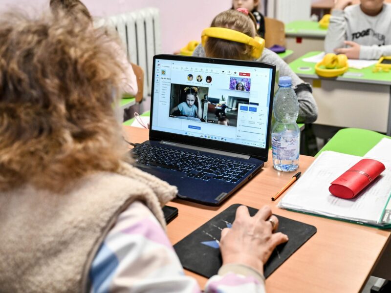 ​APRIL 04, 2024 - Children on the laptop screen during a mixed online-offline lesson at a local school, Zaporizhzhia, southeastern Ukraine.