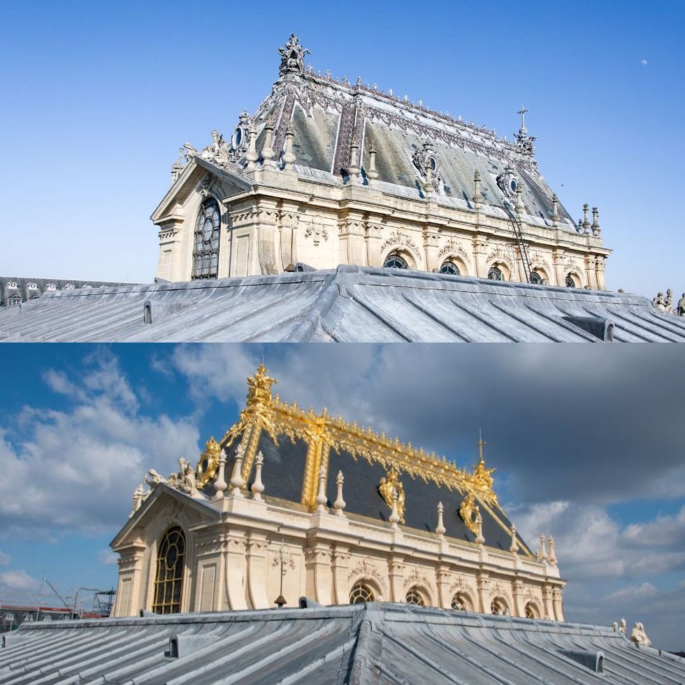 ​Before and after photograph of a re-painted roof in Versailles. The details in the before picture are completely grey, and afterwards they shine golden.