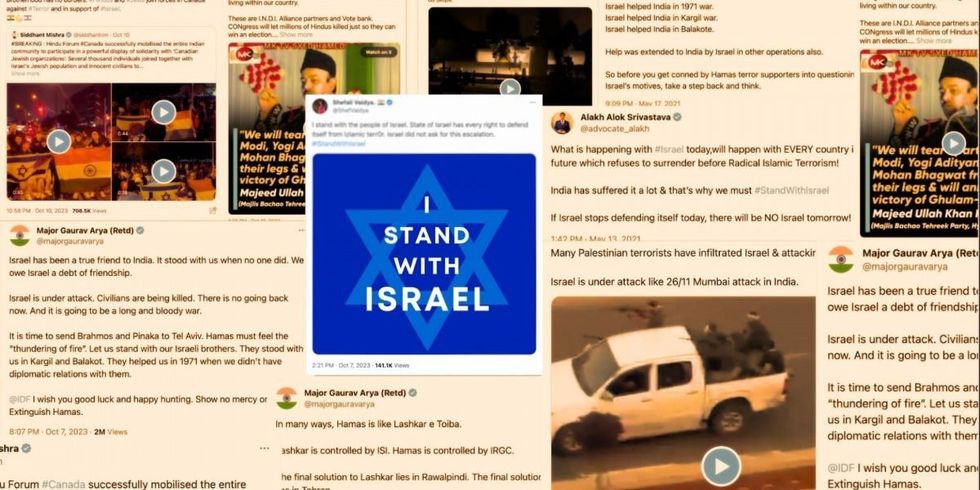 ​Collage of pro-Israel posts from Hindutva commentators on X