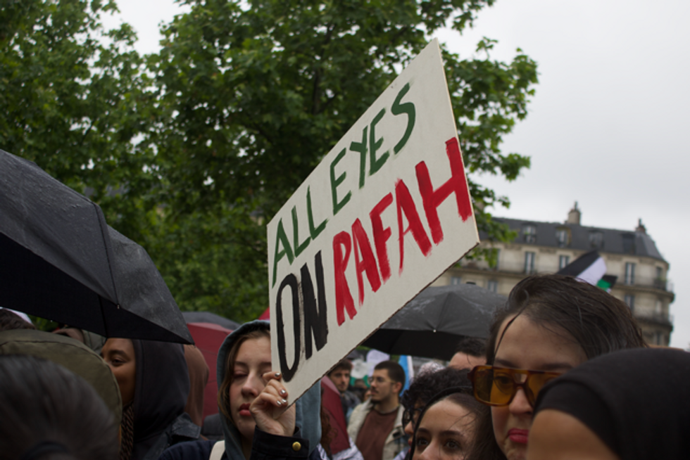 ​Demonstrators carrying All Eyes On Rafah sign at a French protest on June 1st.