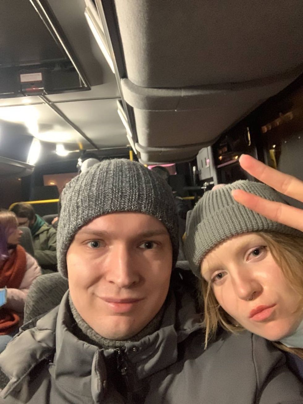 ​Dmitry Rylov and his wife Daria Trepova, in a police wagon after being detained at an anti-war rally in February 2022.
