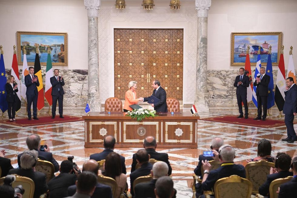 ​Egypt's President Abdel Fattah al-Sisi and his officials in a summit meeting with European Commission President Ursula von der Leyen.