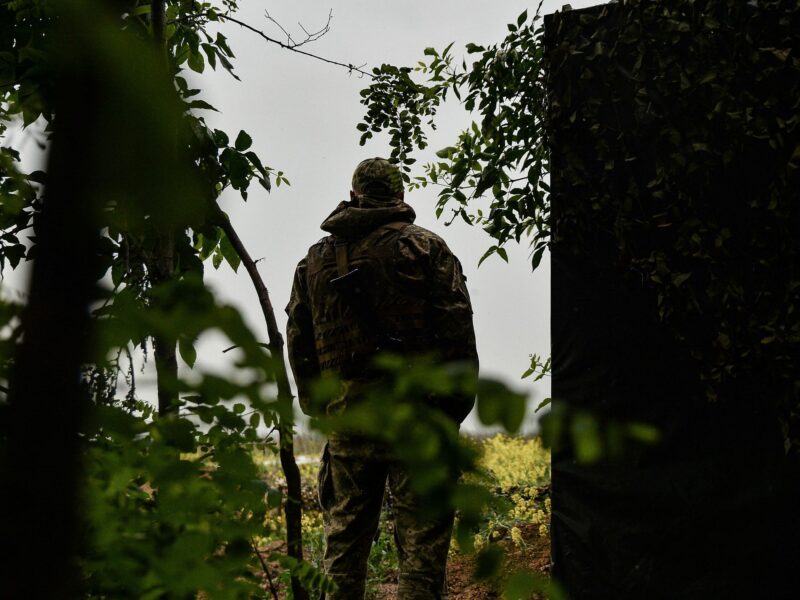 ​File photo of a Ukrainian soldier, photographed from behind, looking at a battlefield in Ukraine