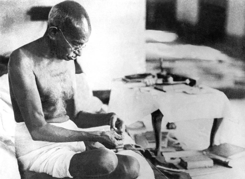 ​Gandhi spinning at Birla House, Mumbai, August 1942.