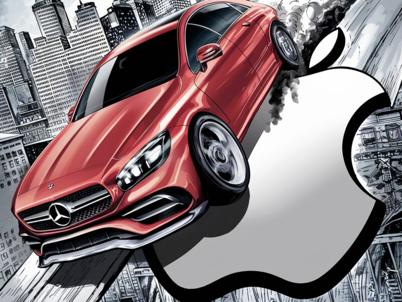 ​German car brand Mercedes driving over Apple's logo.