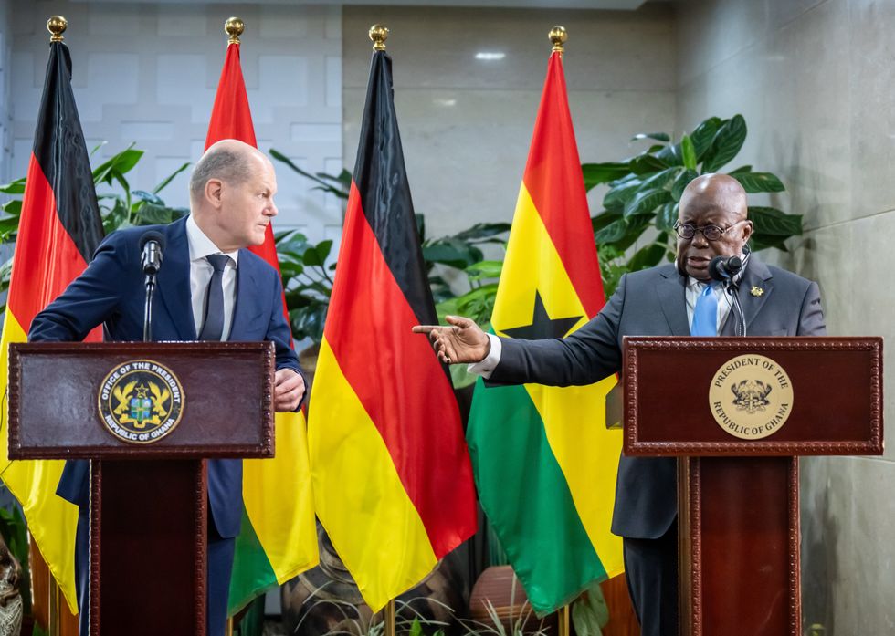 ​German Chancellor Olaf Scholz, attends the press conference at Jubilee House alongside Nana Akufo-Addo, President of Ghana.