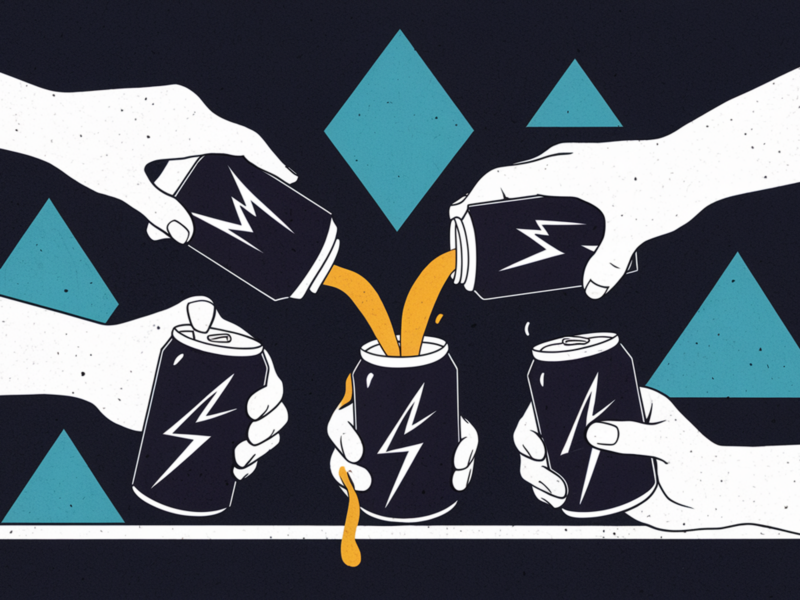 ​Illustration of group of people holding energy drinks.