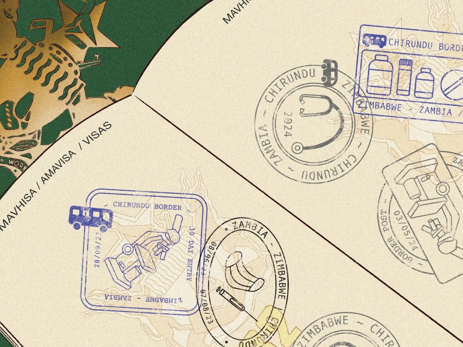 ​Illustration of medical related passport stamps from Zambia and Zimbabwe in a passport, Oct. 23, 2024.