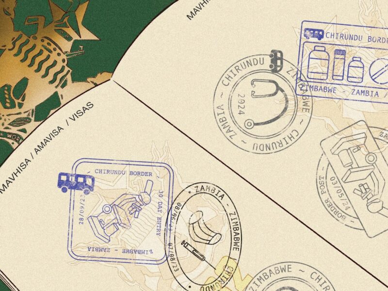 ​Illustration of medical related passport stamps from Zambia and Zimbabwe in a passport, Oct. 23, 2024.