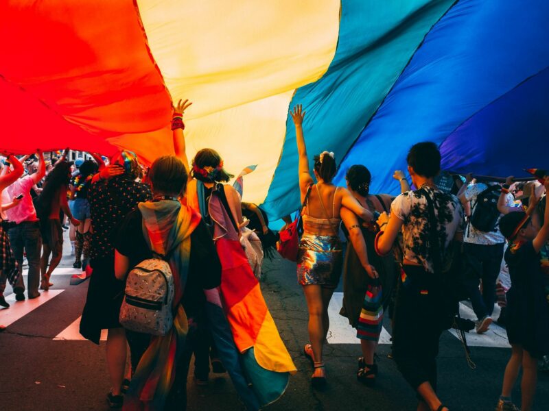 ​Image of people marching under the LGBTQIA+ flag during a demonstration.