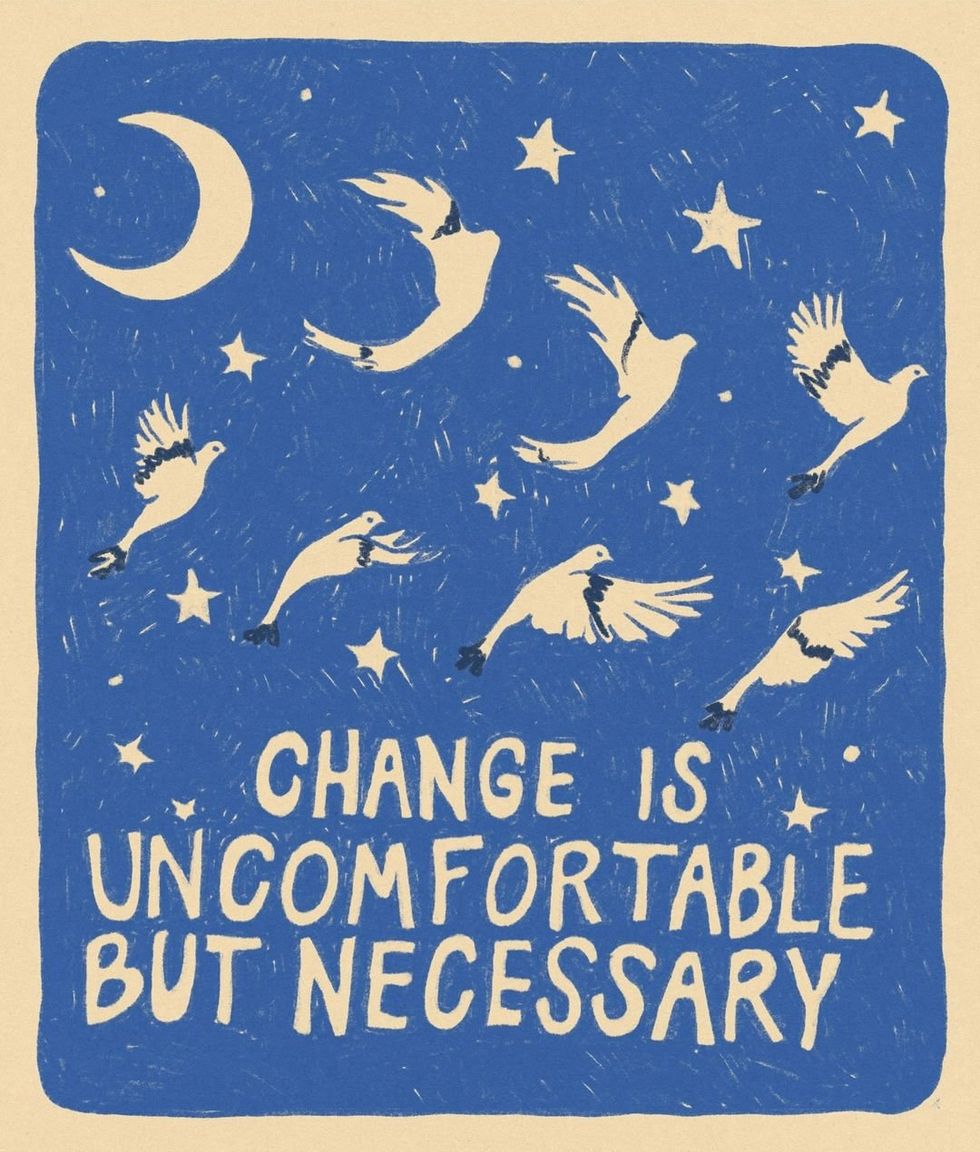 ​Instagram post from Kira Cyan Rittger. Post says Change is uncomfrotable but necessary. There are drawn birds flying and stars in the background.