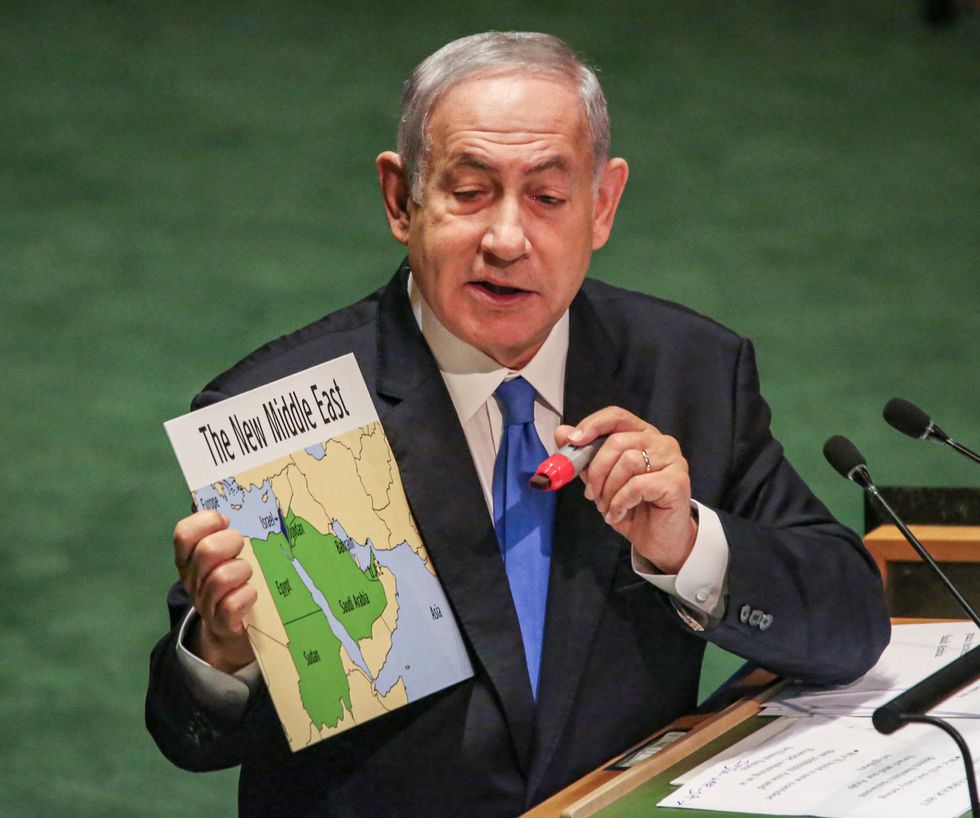​Israeli Prime Minister Benjamin Netanyahu at the 2023 UN General Assembly saying Israel is close to making historic peace with Saudi Arabia as accepting Israel as a Jewish State, and would truly create a New Middle East.