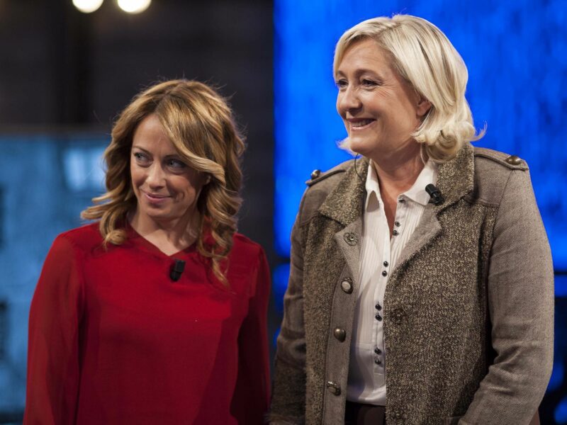 ​Italian Prime Minister Giorgia Meloni and French politician and leader of the far-right political party Rassemblement National (National Rally) Marine Le Pen together at a television appearance, Sept. 26, 2022.