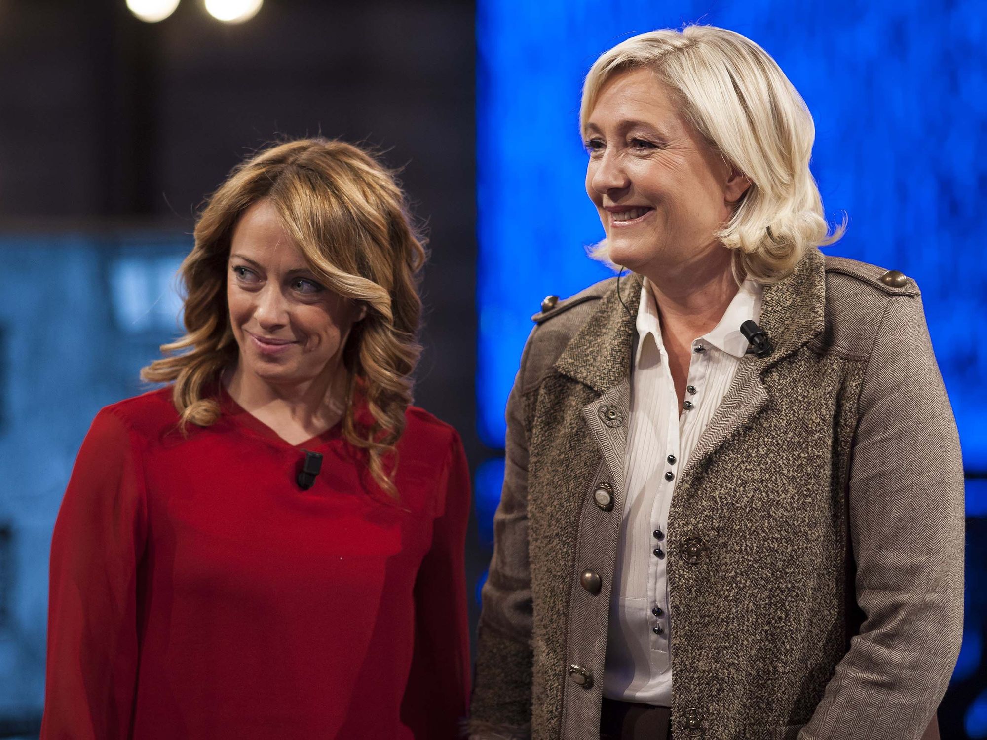 ​Italian Prime Minister Giorgia Meloni and French politician and leader of the far-right political party Rassemblement National (National Rally) Marine Le Pen together at a television appearance, Sept. 26, 2022.