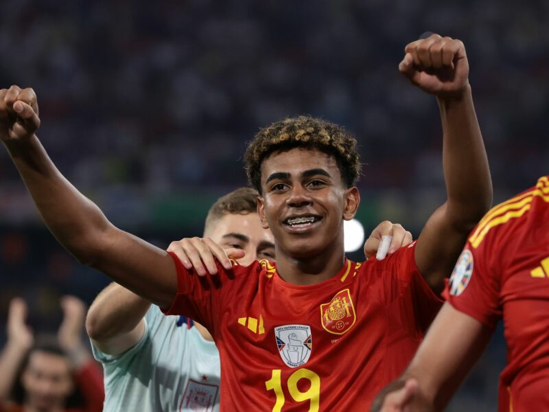 ​Lamine Yamal of Spain celebrates the 2-1 victory.
