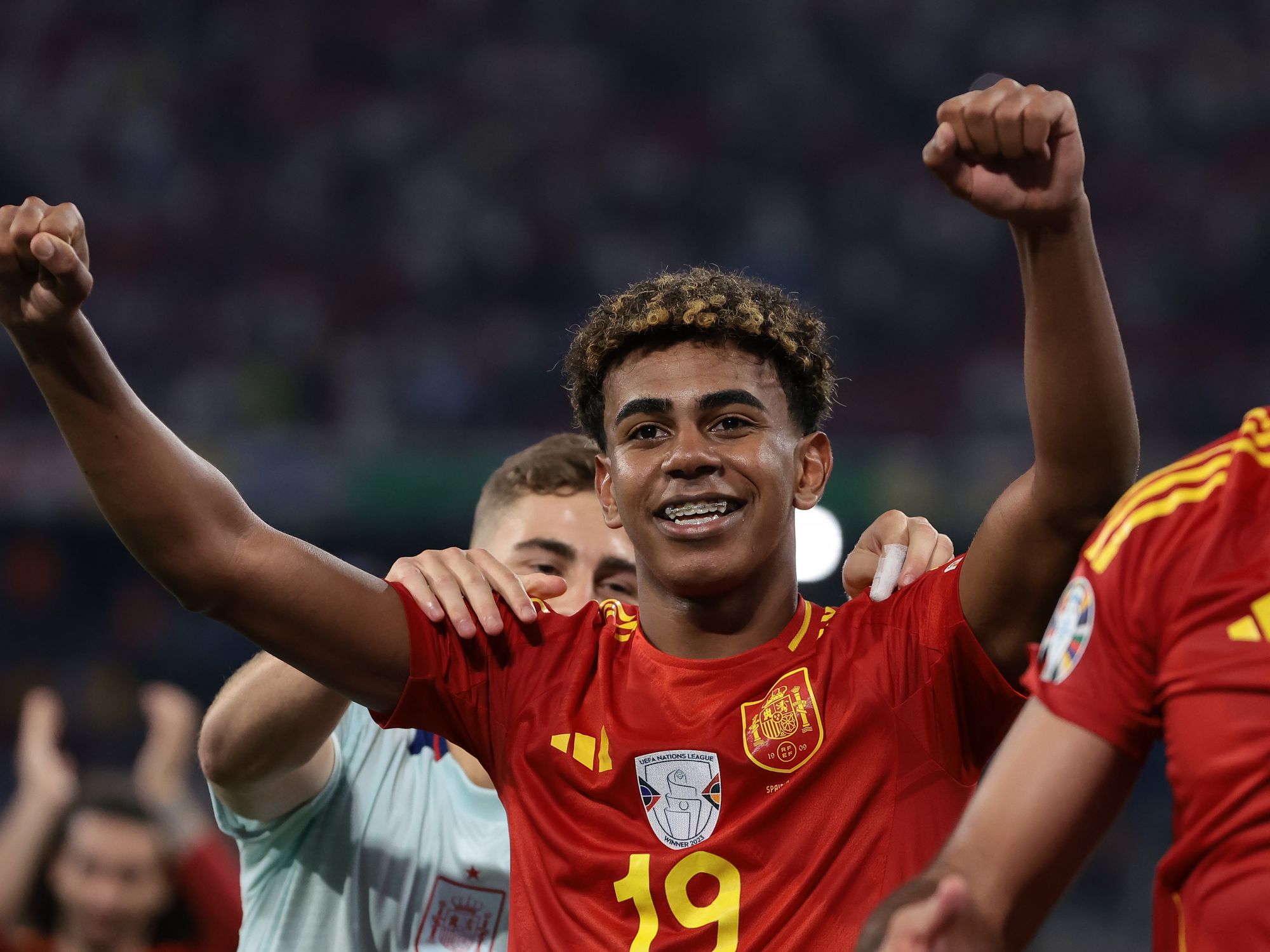 ​Lamine Yamal of Spain celebrates the 2-1 victory.