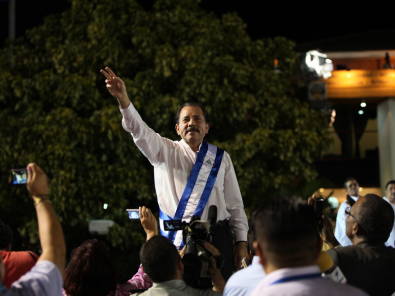 ​Nicaraguan President Daniel Ortega waves the crowd.​
