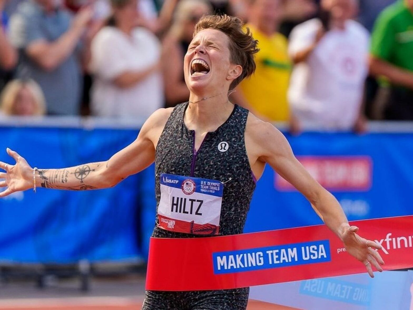 ​Nikki Hiltz taking first place in track & field trials.