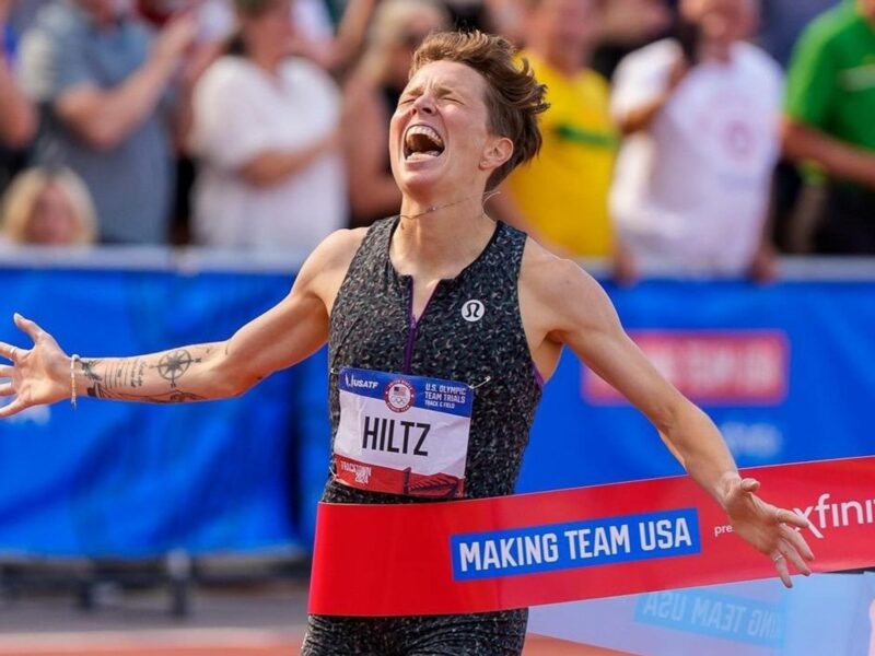 ​Nikki Hiltz taking first place in track & field trials.