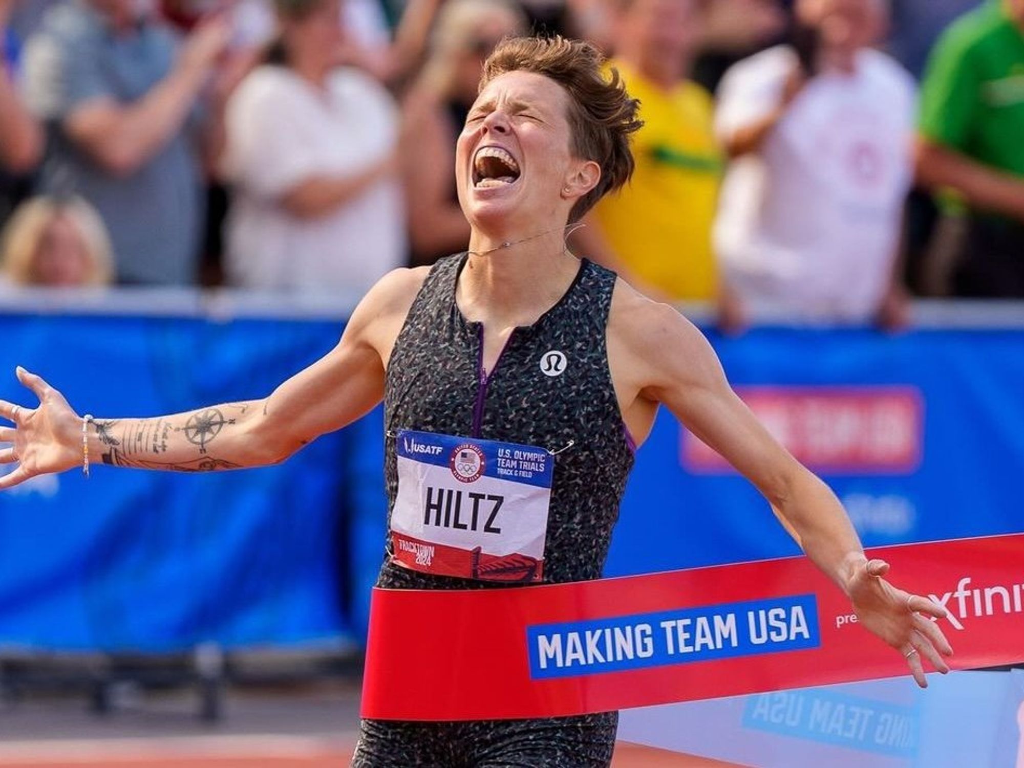 ​Nikki Hiltz taking first place in track & field trials.