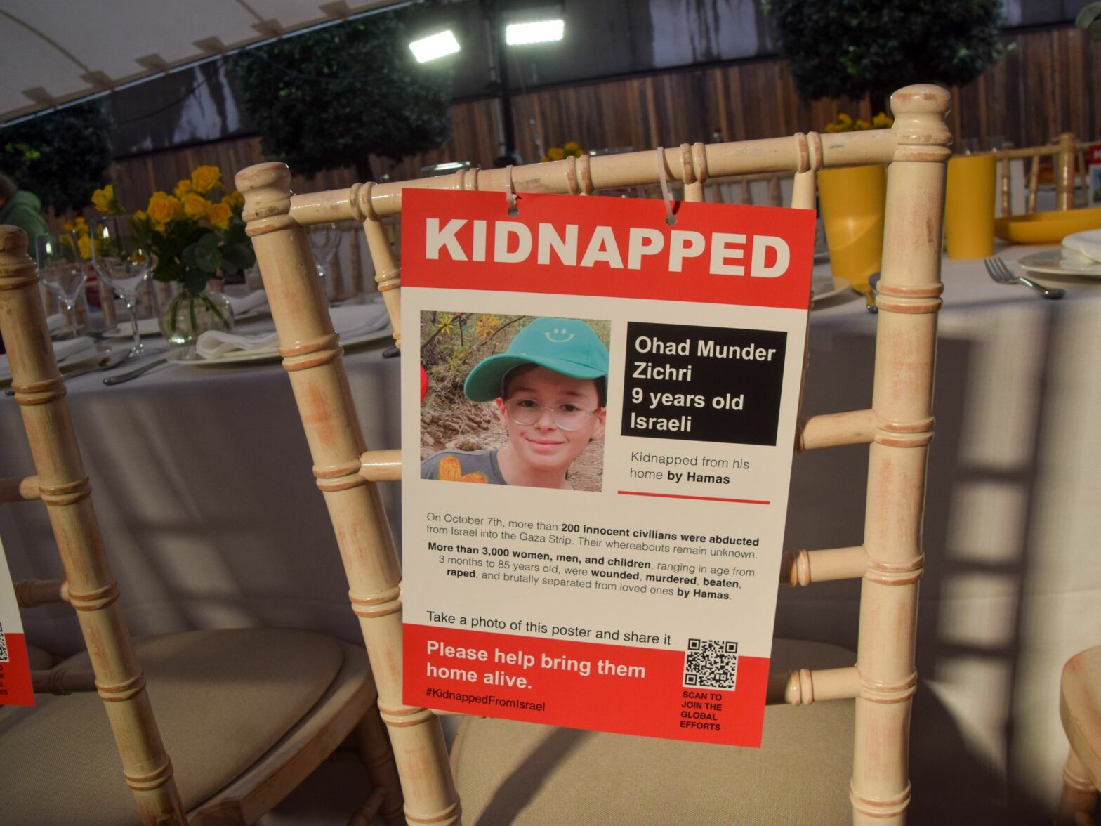 ​Photograph of a 'Kidnapped' poster depicting a 9 year old boywho is hostage of Hamas