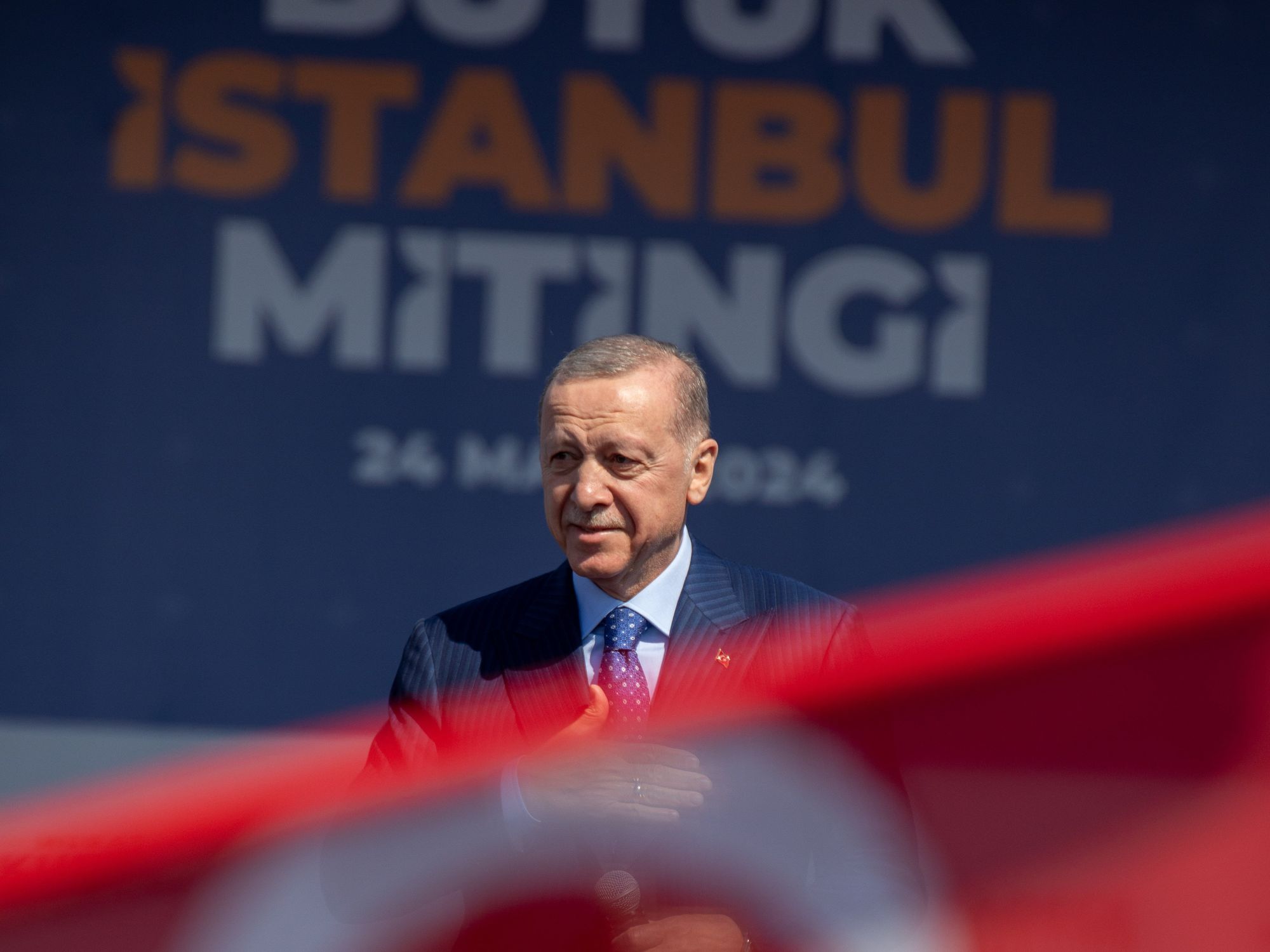 ​President Recep Tayyip Erdogan, accompanied by Istanbul Metropolitan Municipality Mayor candidate Murat Kurum, delivered an election speech to the voters of Istanbul during the rally in March 2024.