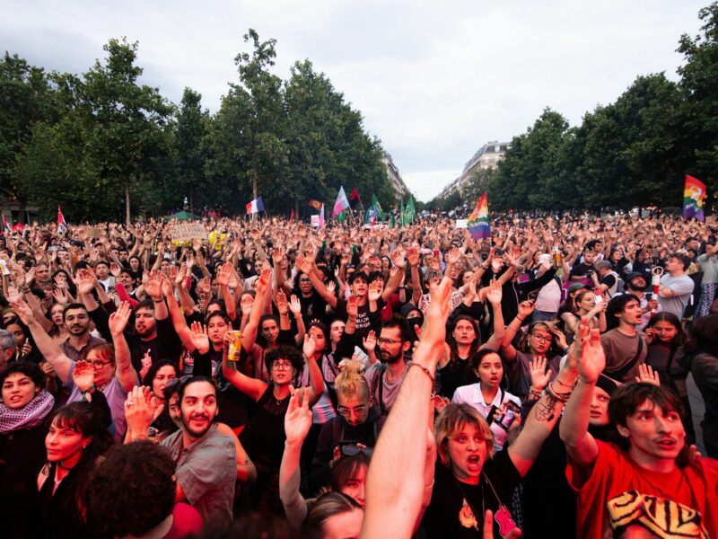 ​Protesters take part during the demonstration. People packed Place Republique, in Paris, in a demonstration against the far right following the results of the French legislative elections.