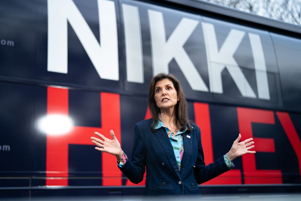 ​Republican presidential candidate Nikki Haley speaking to members of the media during a campaign rally.
