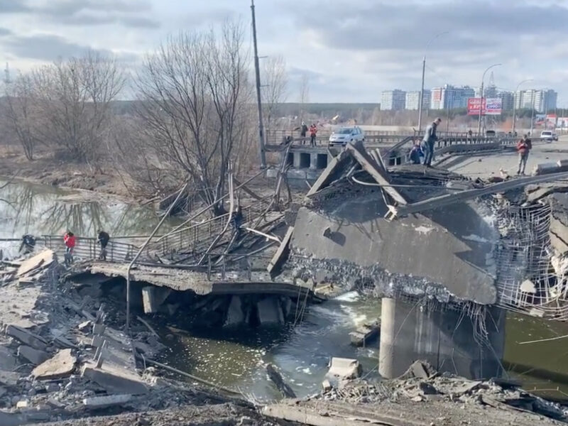 ​Screenshot of a video posted by AP's Francesca Ebel on Twitter showing a bridge that was blown up to prevent the advance of Russian tanks, north of Kyiv