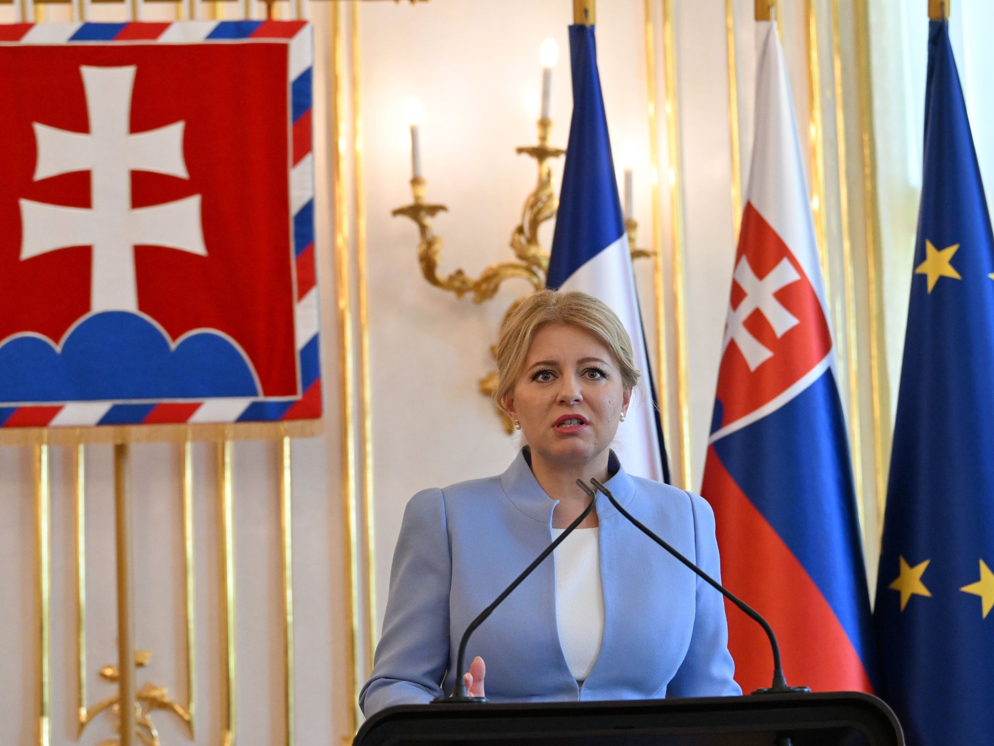 ​Slovakian President Zuzana Caputova gives a speech at a conference.