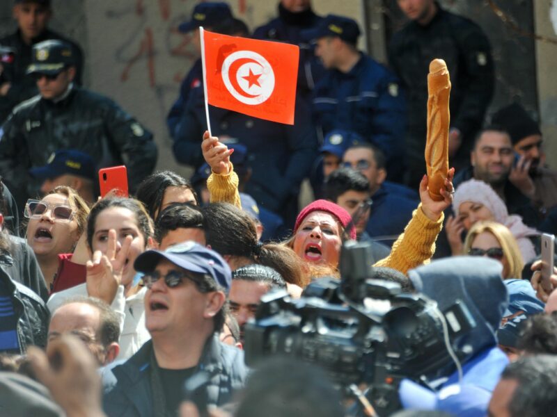 ​Supporters of politician Abir Moussi and her Free Constitutional party protest against President Kais Saied during a rally in Tunis