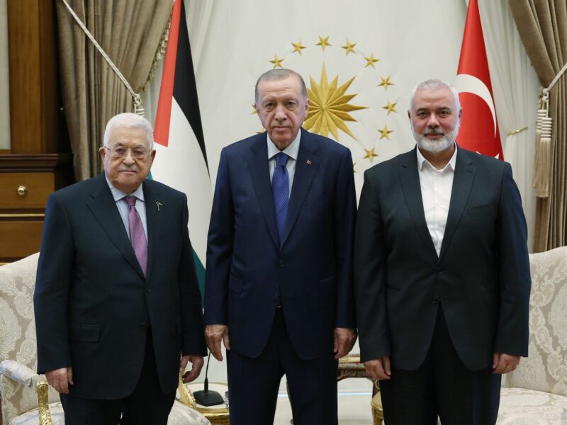 ​Turkish President Recep Tayyip Erdogan poses for a photo with Palestinian President Mahmoud Abbas (L) and former Head of the Hamas Political Bureau Ismail Haniyeh (R, now deceased) in Ankara, Turkey, on July 26, 2023.