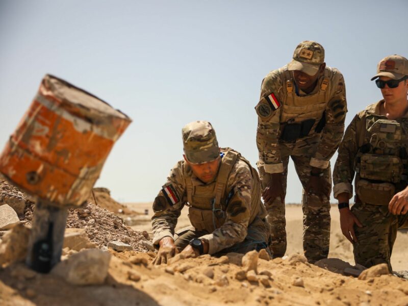 ​U.S. Navy explosive ordinance disposal technicians assigned to Task Force 56 and Egyptian Naval Force personnel conduct counter improvised explosive device training.