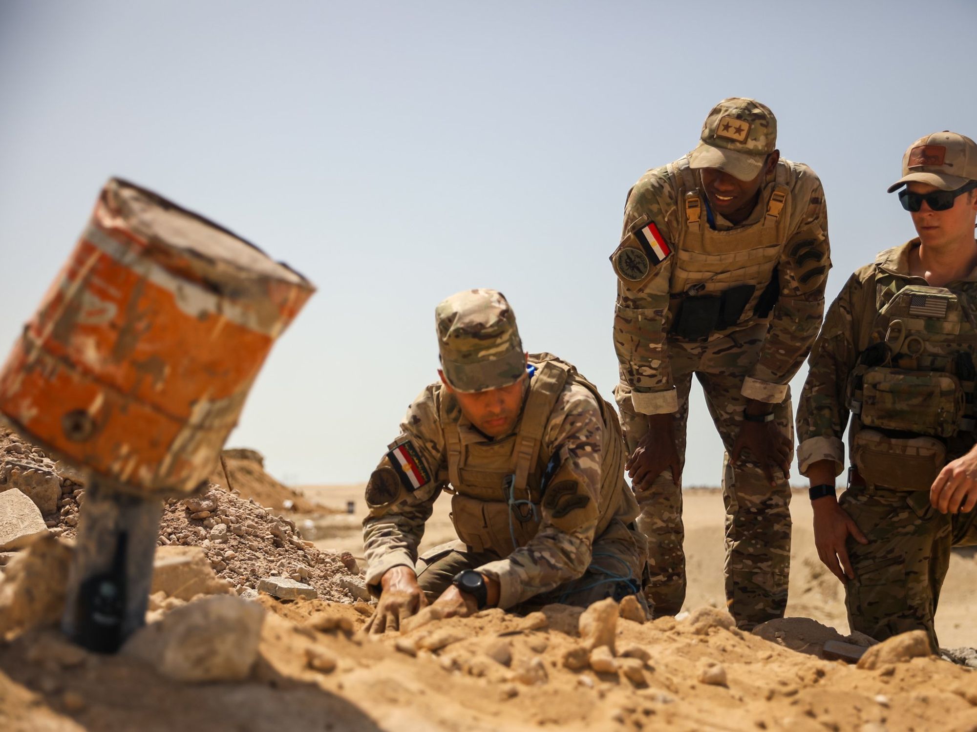 ​U.S. Navy explosive ordinance disposal technicians assigned to Task Force 56 and Egyptian Naval Force personnel conduct counter improvised explosive device training.